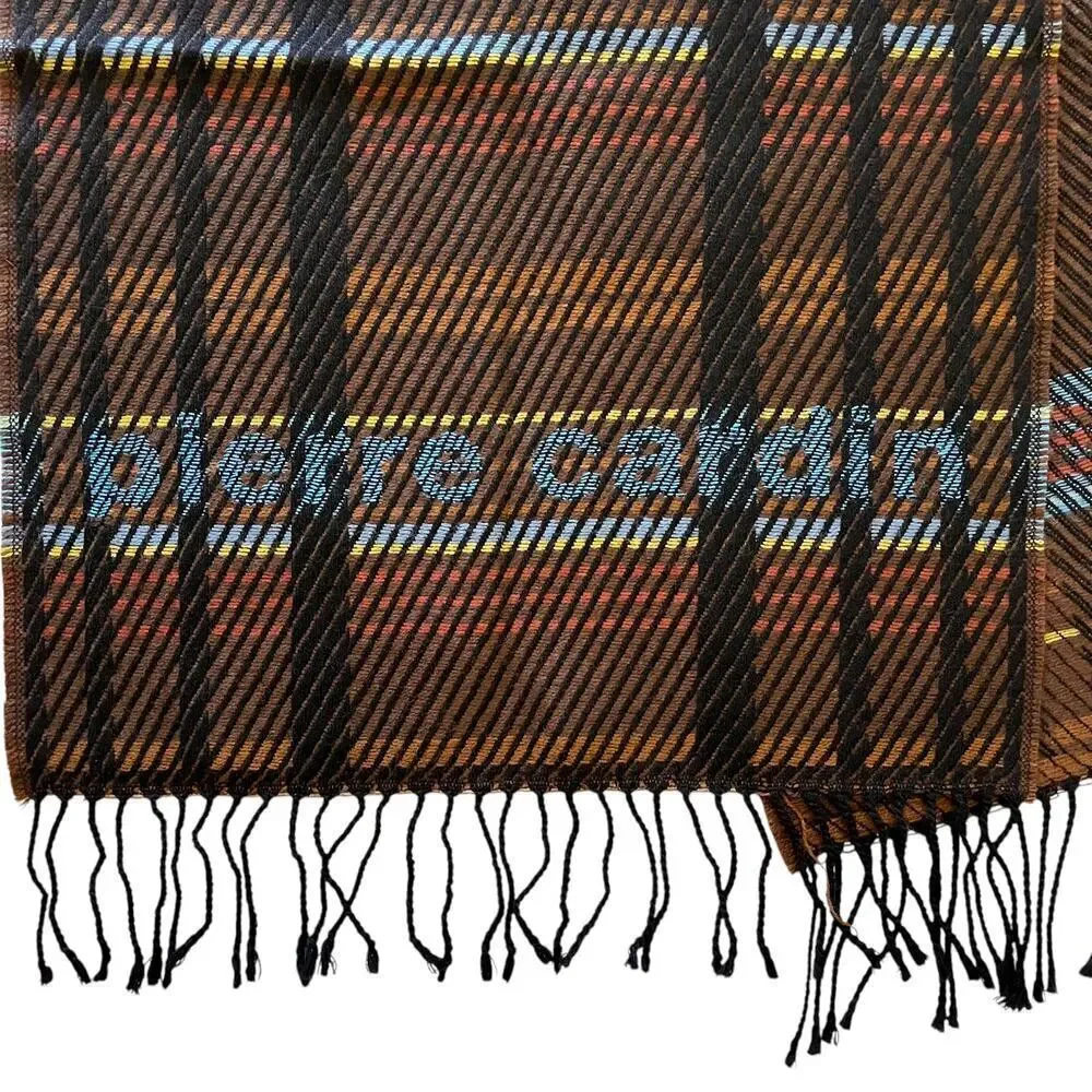 Pierre Cardin Vintage Jacquard Logo Brown Plaid Wool-Blend Fringe Muffler Scarf